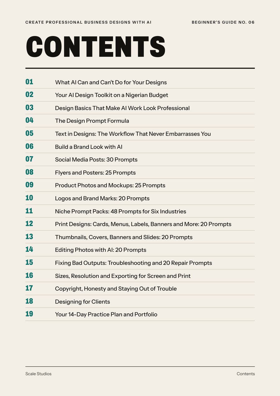 Contents page of Create Professional Business Designs With AI